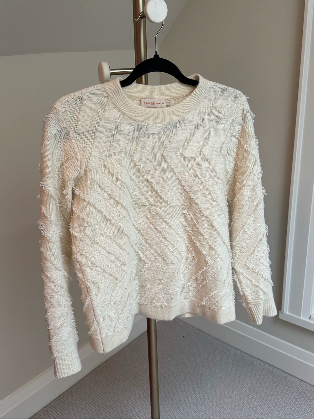 Tory Burch Cream Textured Chevron Crewneck Sweater